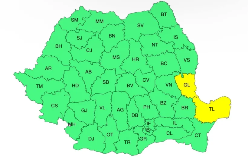 Cod galben de ploi în Galați și Tulcea, până vineri după-amiază