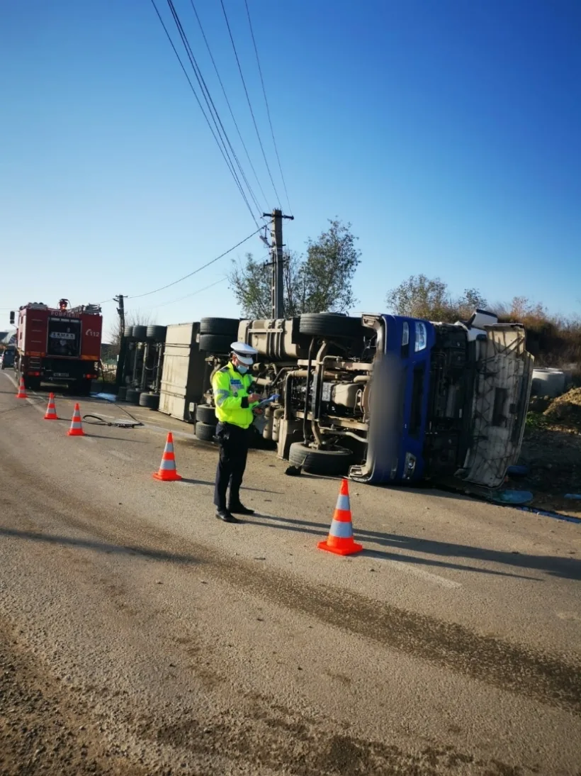 Un TIR încărcat cu porci s-a răsturnat pe DN 23A