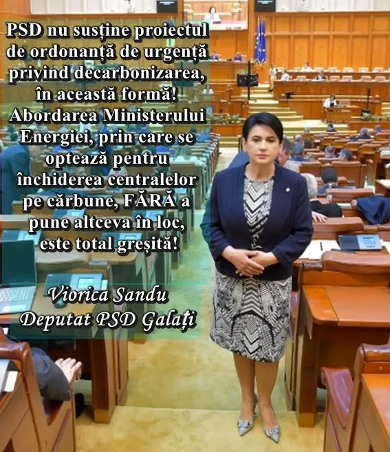 Deputatul Viorica Sandu: PSD nu susține proiectul de ordonanță de urgență privind decarbonizarea, inițiat de ministrul Energiei