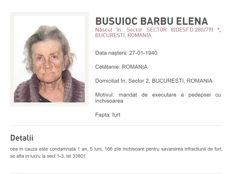 O bătrână, cel mai vârstnic urmărit general din România. Ce infracțiuni a comis femeia